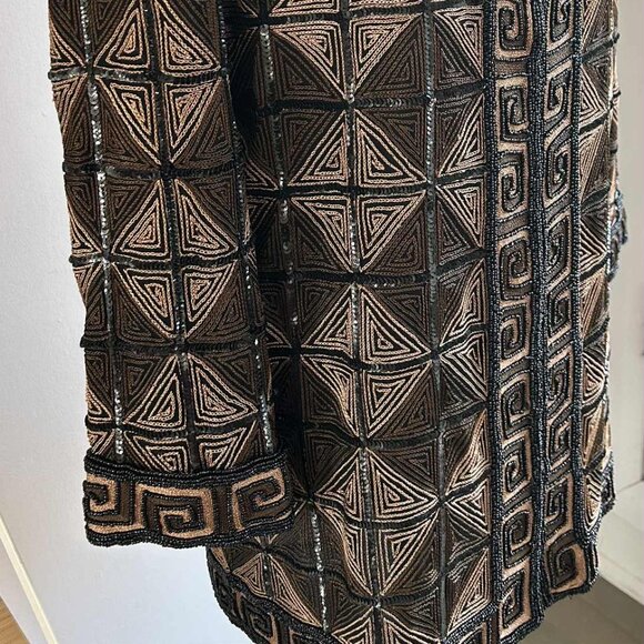 Hand-Beaded Black & Bronze Silk Geometric Jacket w/ Greek Key Borders – US XS/S - Picture 2 of 10